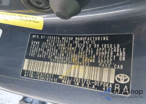 2015 Toyota Corolla L from USA, damaged, VIN 5YFBURHEXFP304923